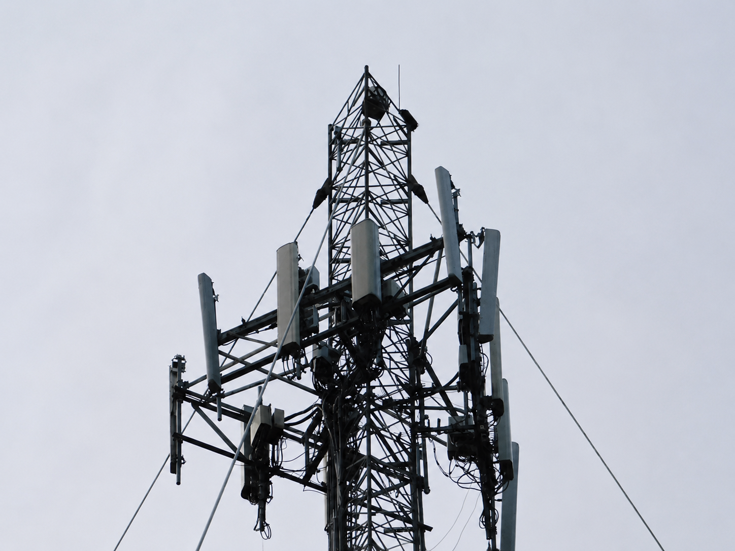 Field engineer inspecting a telecom tower with a mobile tablet